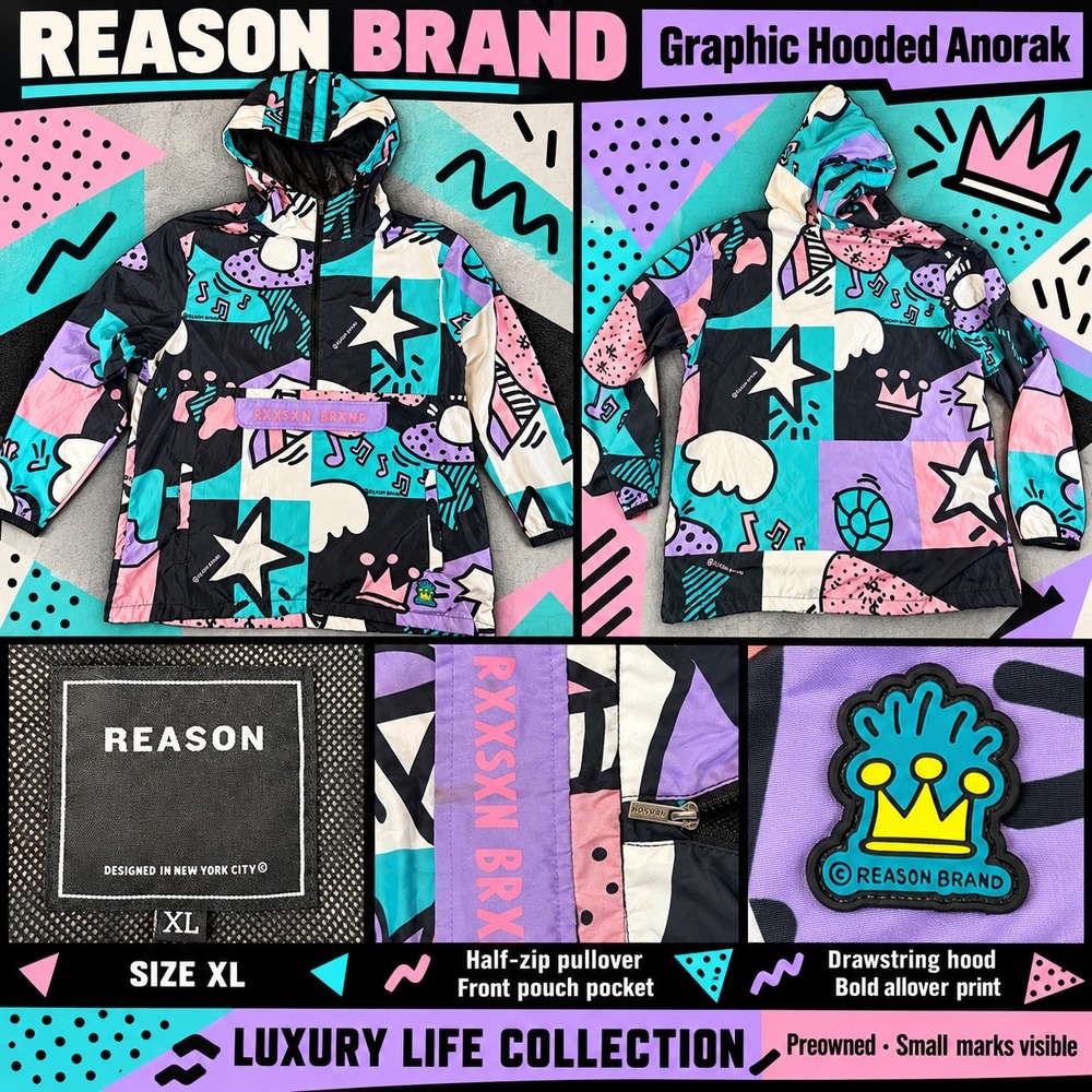 Reason Brand Mens XL Windbreaker Jacket Pop Art Graphic Half Zip Anorak Multi